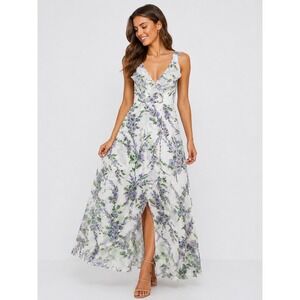 Forever 21 Maxi Dress Women Small White Purple Floral Ruffle Lace Up Boho Summer